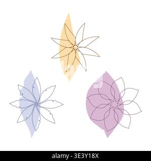 Trois dessins au trait floral abstrait avec des lavages de couleur subtils sur un fond blanc. Chaque fleur a une touche pastel unique en jaune, bleu ou violet derrière son contour. Illustration de Vecteur
