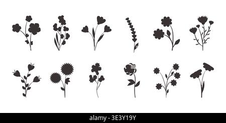 Diverses silhouettes florales noires sont disposées sur un fond blanc Uni. Cet ensemble abstrait comprend différentes formes et tiges de fleurs. Illustration de Vecteur
