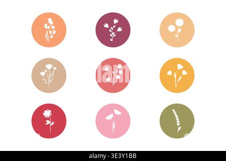 Cette collection présente neuf formes de fleurs simples différentes, chacune présentée comme une découpe blanche. Ils sont placés contre divers arrière-plans circulaires de couleur pastel dans une disposition de grille claire. Illustration de Vecteur