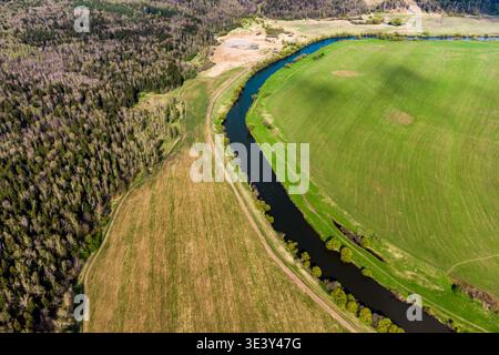 Vue aérienne d'une rivière sinueuse séparant des champs verdoyants et terreux, bordée par une forêt dense. Le contraste serein de la nature dans un paysage rural, se Banque D'Images