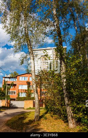 De grands bouleaux argentés encadrent une vue sur des bâtiments résidentiels contrastés sous un ciel d'automne bleu vif et nuageux Banque D'Images
