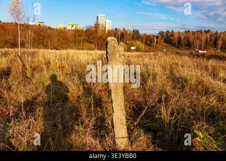 Un poteau en béton altéré se dresse haut dans un champ d'herbe sèche et dorée sous un ciel d'automne lumineux, avec des bâtiments urbains visibles sur la colline lointaine Banque D'Images