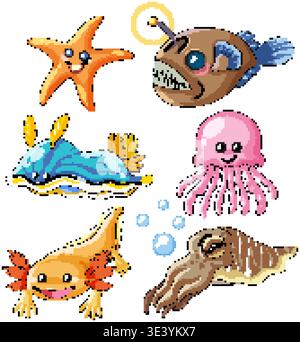 Ensemble de six illustrations colorées d'animaux aquatiques sur fond blanc dans un style de dessin animé amical Illustration de Vecteur