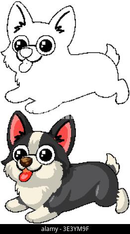 Contour noir et blanc et version colorée d'une illustration vectorielle de chiot Corgi heureux Illustration de Vecteur