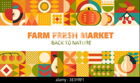 Bannière de marché agricole avec motif géométrique de fruits et légumes. Retour au fond de vecteur de nature avec des aliments frais comme la citrouille, la poire, la tomate, la cerise, la feuille et des formes modernes abstraites pour une ferme locale saine Illustration de Vecteur