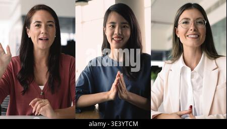 Jeunes femmes de différentes races parlant en appel vidéo Banque D'Images