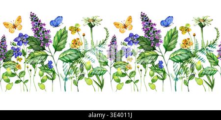 Bordure d'aquarelle horizontale sans couture de fleurs sauvages de prairie luxuriante. Comprend marguerites, lavande, papillons jaunes, diverses feuilles vertes et bleu volant Banque D'Images
