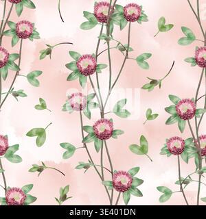 Modèle sans couture avec des fleurs de trèfle rose et des feuilles vertes. Illustration de dessin d'aquarelle dessinée à la main avec des éléments floraux botaniques. Idéal pour papier peint textile papier d'emballage. Banque D'Images