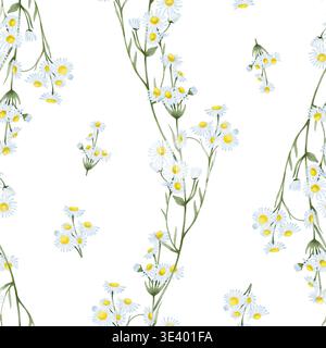 Modèle sans couture avec de petites fleurs blanches en Marguerite et des tiges vertes. Illustration de dessin d'aquarelle dessinée à la main. Idéal pour les papiers peints textiles papier d'emballage pour cartes postales. Banque D'Images