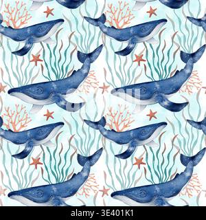 Modèle sans couture avec des baleines bleues corail algues et étoiles de mer dans la composition de l'océan. Illustration de dessin d'aquarelle dessinée à la main avec des éléments marins, idéal pour l'emballage de papier peint en tissu textile. Banque D'Images