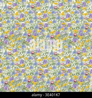 Modèle sans couture avec des fleurs sauvages colorées dans une composition de prairie dense. Illustration de dessin d'aquarelle dessinée à la main avec des éléments floraux botaniques, idéal pour l'emballage d'emballage de papier peint en tissu textile Banque D'Images