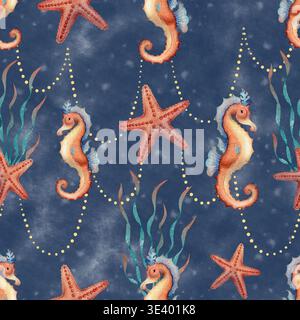 Modèle sans couture avec de mignons hippocampes étoiles de mer et des bulles dans une composition océanique ludique. Illustration de dessin d'aquarelle dessinée à la main, idéale pour l'emballage de papier peint textile de pépinière de bébé. Banque D'Images