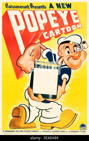 Cette affiche de film vintage de 1941 présente Popeye le Sailor, un personnage de dessin animé emblématique produit par Fleischer Studios pour Paramount Pictures. Popeye est représenté tenant une canette vierge, probablement pour les épinards, sur un fond jaune vif avec une typographie rouge audacieuse annonçant un 'New Popeye Cartoon'. Banque D'Images
