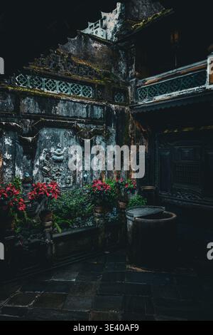 Mur de cour couvert de mousse altéré avec relief en pierre et poinsettias rouges à côté d'un bassin d'eau, Tan Ky Ancient House, Hoi an, Vietnam. Banque D'Images