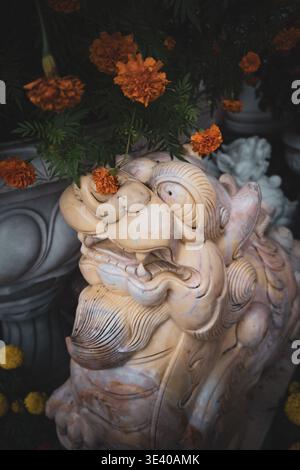 Gros plan d'une statue de gardien de lion en pierre sculptée avec des fleurs de souci orange, montagnes de marbre, Da Nang, Vietnam. Banque D'Images