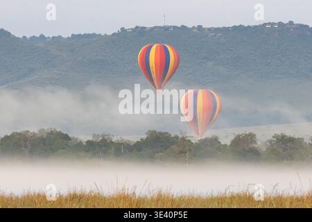 Les montgolfières se lèvent au-dessus d'un lever de soleil brumeux dans le Masai Mara, Kenya, Afrique Banque D'Images