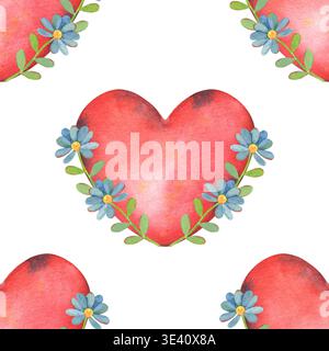 Motif sans couture aquarelle peint à la main avec des coeurs rouges et des fleurs bleues, isolé sur blanc. Parfait pour les conceptions de la Saint-Valentin, image de marque de mariage romantique Banque D'Images