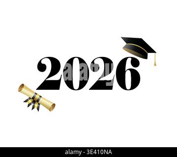 Concept de logo de graduation 2026 avec chapeau académique. Promotion de 2026 affiche créative avec typographie, chapeau de diplômé et diplôme. Conception vectorielle Illustration de Vecteur