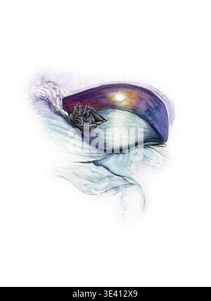 Illustration aquarelle surréaliste d'un œil humain se transformant en vague océanique avec un voilier. Oeuvre conceptuelle symbolisant le voyage, l'exploratio Banque D'Images