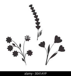Trois silhouettes florales abstraites noires sont présentées sur un fond blanc propre. Illustration de Vecteur