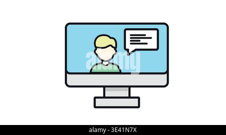Icône d'appel vidéo en ligne, personne sur l'écran d'ordinateur avec bulle de parole Illustration de Vecteur