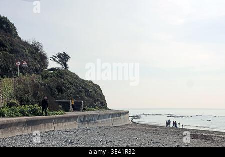 Les habitants de la région, les visiteurs et les promeneurs de chiens profitent d'une plage de Seaton peu fréquentée dans le sud des Cornouailles par un après-midi ensoleillé de mars Banque D'Images