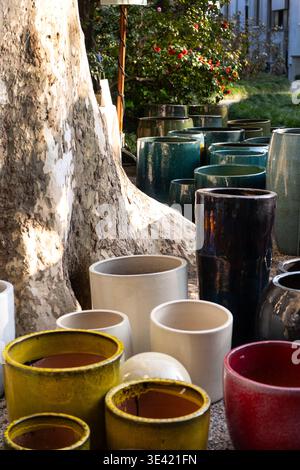 Pots de plantes en céramique colorés affichés à l'extérieur près du tronc d'arbre dans le centre de jardin, conteneurs décoratifs pour la maison et l'aménagement paysager Banque D'Images