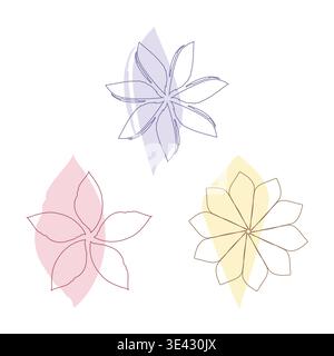 Trois contours floraux abstraits sont affichés sur un fond blanc. Chaque fleur présente un accent de couleur pastel léger en forme de feuille derrière elle, créant une composition délicate et moderne. Illustration de Vecteur