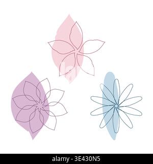 Trois formes florales abstraites sont affichées. Chaque fleur de contour délicat est serrée contre un bloc de couleur pastel doux, un en rose, un en violet, et un en bleu. Illustration de Vecteur