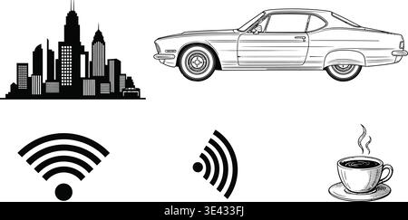 Une collection d'images concernant l'horizon de la ville, une voiture, une tasse de café et deux signaux wifi Illustration de Vecteur