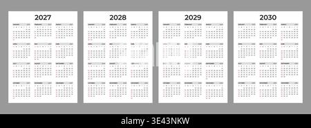 Calendrier fixé pour 2027, 2028, 2029, 2030 ans. La semaine commence le dimanche. Illustration vectorielle de modèle de calendrier vertical modifiable moderne simple Illustration de Vecteur