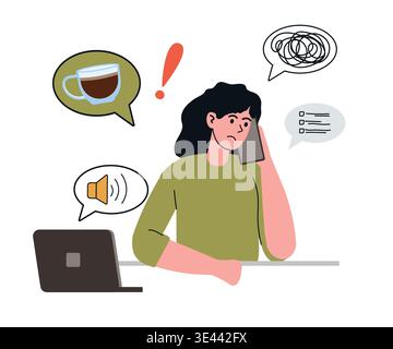 Situation stressante au travail, nombreux appels et messages. La fille rêve de café. Illustration vectorielle Doodle pour burnout, multitâche Illustration de Vecteur