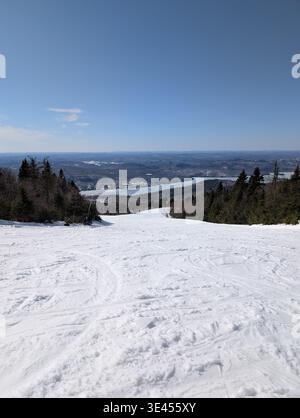 Une vue imprenable d'une piste de ski et d'un télésiège près de la ville de Mont-Tremblant, Québec. Beaux arbres enneigés, pentes et forêts Banque D'Images