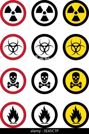 Une collection complète d'icônes de sécurité universelles comprenant des symboles de rayonnement, de danger biologique, de toxicité et d'inflammabilité pour un usage industriel. Illustration de Vecteur