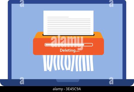 Illustration vectorielle conceptuelle d'un destructeur de documents numérique sur un écran d'ordinateur portable avec une barre de progression de suppression. Illustration de stock. Illustration de Vecteur