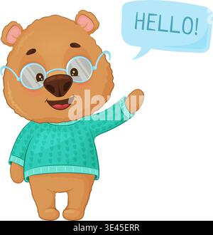 Ours brun de dessin animé saluant, portant un pull turquoise et des lunettes rondes, expression joyeuse, discours Illustration de Vecteur