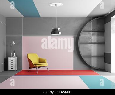 Un intérieur abstrait rendu 3D avec un fauteuil jaune, des murs de blocs de couleurs géométriques en rose et gris, et une étagère circulaire. Banque D'Images