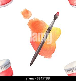 Modèle sans couture avec pinceau, éclaboussures orange, pots de peinture rouge. Illustration peinte à la main isolée sur blanc. Design artistique et dynamique Banque D'Images