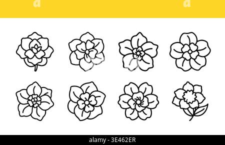 Collection d'illustrations stylisées de fleurs en noir et blanc avec des motifs complexes de pétales isolés sur fond transparent Illustration de Vecteur