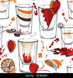 Cocktail mélange d'agrumes, cerises et baies de fraises, grains de café. Verres à jet d'encre dessinés à la main. Modèle sans couture avec éclaboussures de liquide vives. Vecteur Illustration de Vecteur