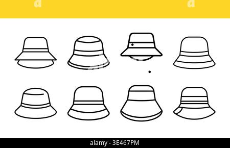 Collection d'icônes d'art de ligne de chapeau de seau avec des variations de contour minimales. Illustration de Vecteur