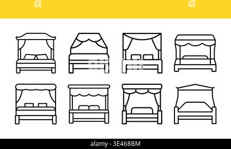 Collection d'icônes d'art de ligne de lit à baldaquin avec des variations minimales de contour de meubles de chambre. Illustration de Vecteur