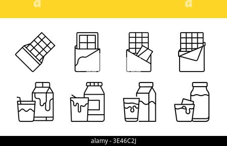 Icônes chocolat et lait en noir et blanc sur fond jaune Illustration de Vecteur