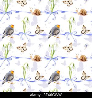 Aquarelle joli oiseau rouge-gorge européen, fleurs blanches de printemps, gouttes de neige, papillon volant, rubans de lilas et arc, illustration dessinée à la main de la nature, couture Banque D'Images