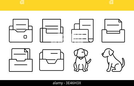 Dossier de document et jeu d'icônes de ligne de chien, gestion de fichiers et collection vectorielle de contour d'animaux domestiques Illustration de Vecteur