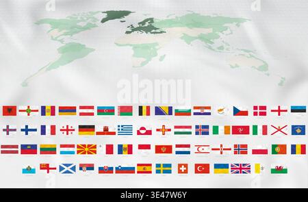 Drapeaux de l'Europe avec des vagues réalistes. Carte verte du monde soulignant l'Europe sur fond de soie blanche. Illustration de Vecteur
