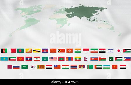 Drapeaux d'Asie avec des vagues réalistes. Carte verte du monde soulignant l'Asie sur fond de soie blanche. Illustration de Vecteur