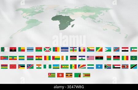 Drapeaux d'Afrique avec des vagues réalistes. Carte verte du monde soulignant l'Afrique sur fond de soie blanche. Illustration de Vecteur