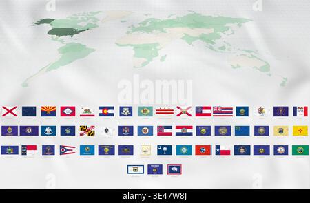 Drapeaux de l'État américain avec des vagues réalistes. Carte verte du monde mettant en évidence les États-Unis sur fond de soie blanche. Illustration de Vecteur