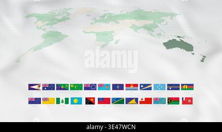 Drapeaux d'Océanie avec des vagues réalistes. Carte verte du monde mettant en évidence l'Océanie sur fond de soie blanche. Illustration de Vecteur